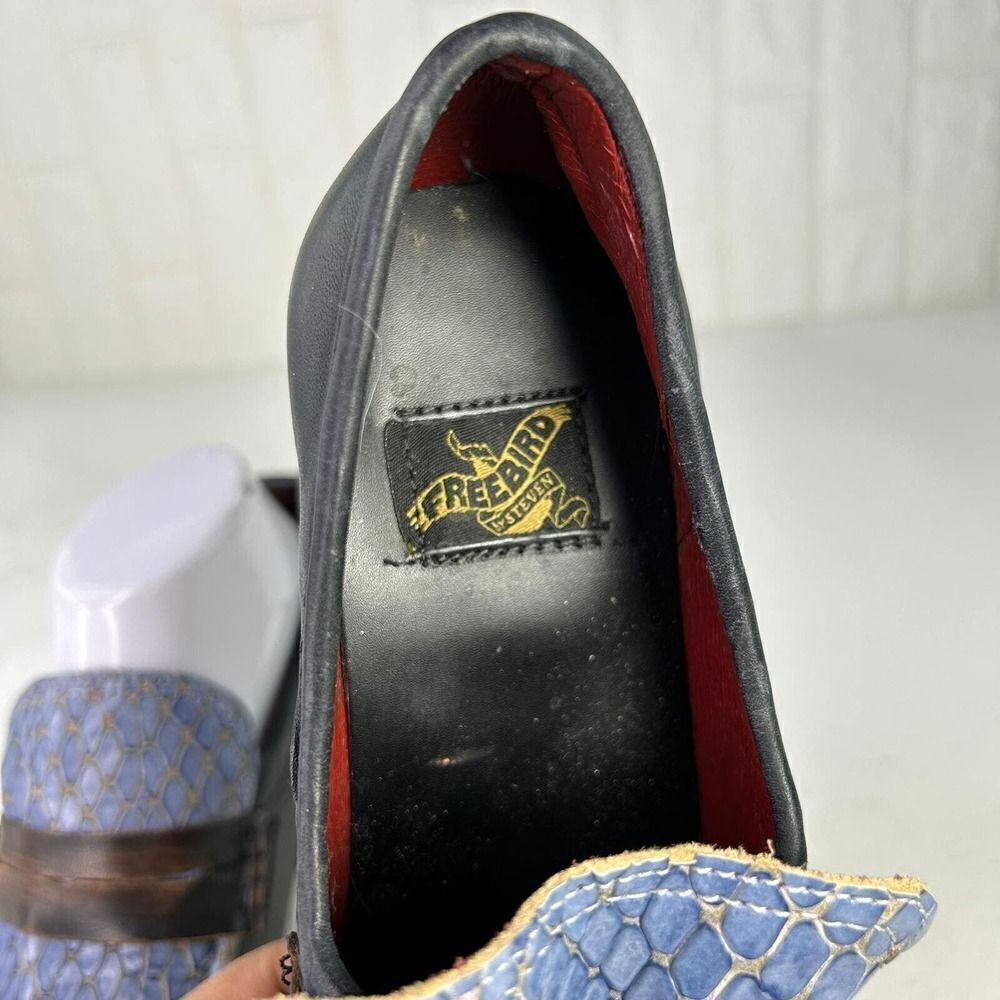 Freebird By Steven Bristol Blue Snake Leather Bootie US 9 High Heel Slip-On Shoe - Picture 9 of 10